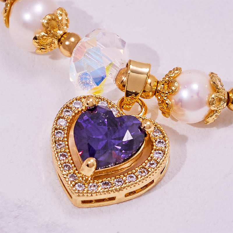 Olivenorma Armband mit Süßwasserperlen und Herz-Amethyst-Anhänger