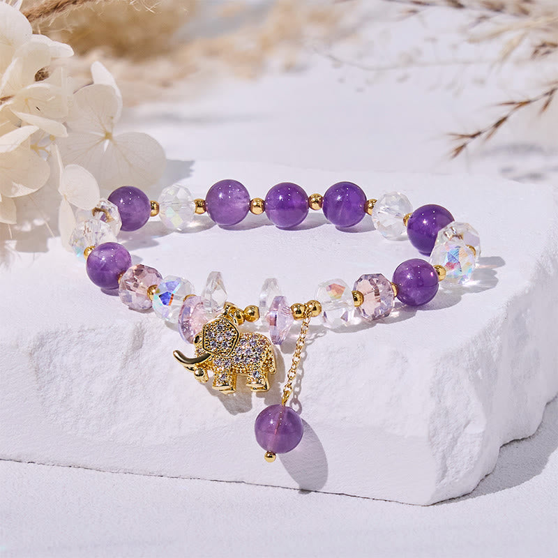 Olivenorma Armband mit Elefantenanhänger und Amethyst-Klarglasperlen