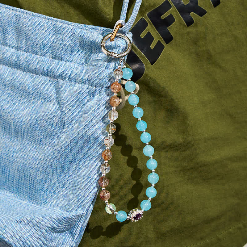 Olivenorma Aquamarin & Gold Rutilquarz Schlüsselanhänger Kristall-Handyband - image 4