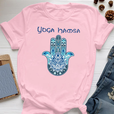 Olivenorma – Bequemes T-Shirt mit Yoga-Hamsa-Print, Blau