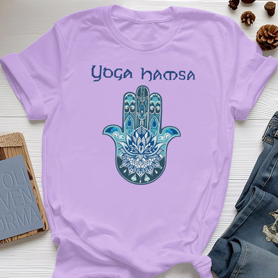 Olivenorma – Bequemes T-Shirt mit Yoga-Hamsa-Print, Blau