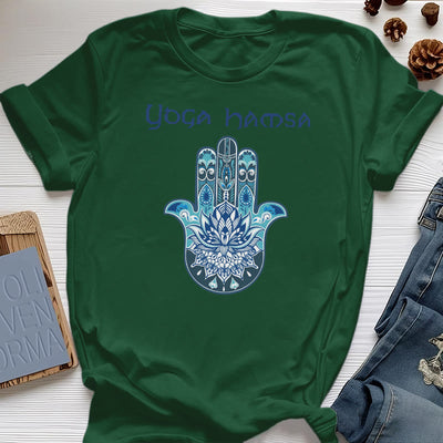 Olivenorma – Bequemes T-Shirt mit Yoga-Hamsa-Print, Blau
