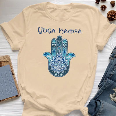 Olivenorma – Bequemes T-Shirt mit Yoga-Hamsa-Print, Blau