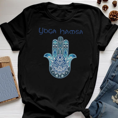 Olivenorma – Bequemes T-Shirt mit Yoga-Hamsa-Print, Blau