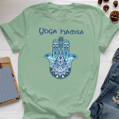 Olivenorma – Bequemes T-Shirt mit Yoga-Hamsa-Print, Blau