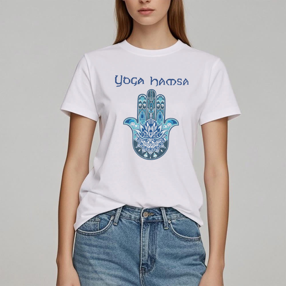Olivenorma – Bequemes T-Shirt mit Yoga-Hamsa-Print, Blau