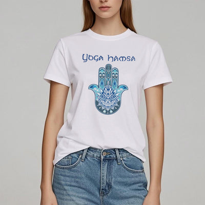 Olivenorma – Bequemes T-Shirt mit Yoga-Hamsa-Print, Blau