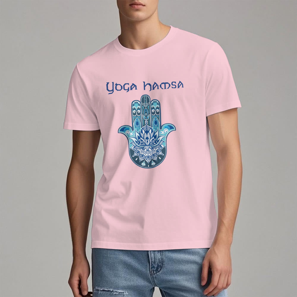 Olivenorma – Bequemes T-Shirt mit Yoga-Hamsa-Print, Blau