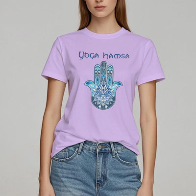 Olivenorma – Bequemes T-Shirt mit Yoga-Hamsa-Print, Blau