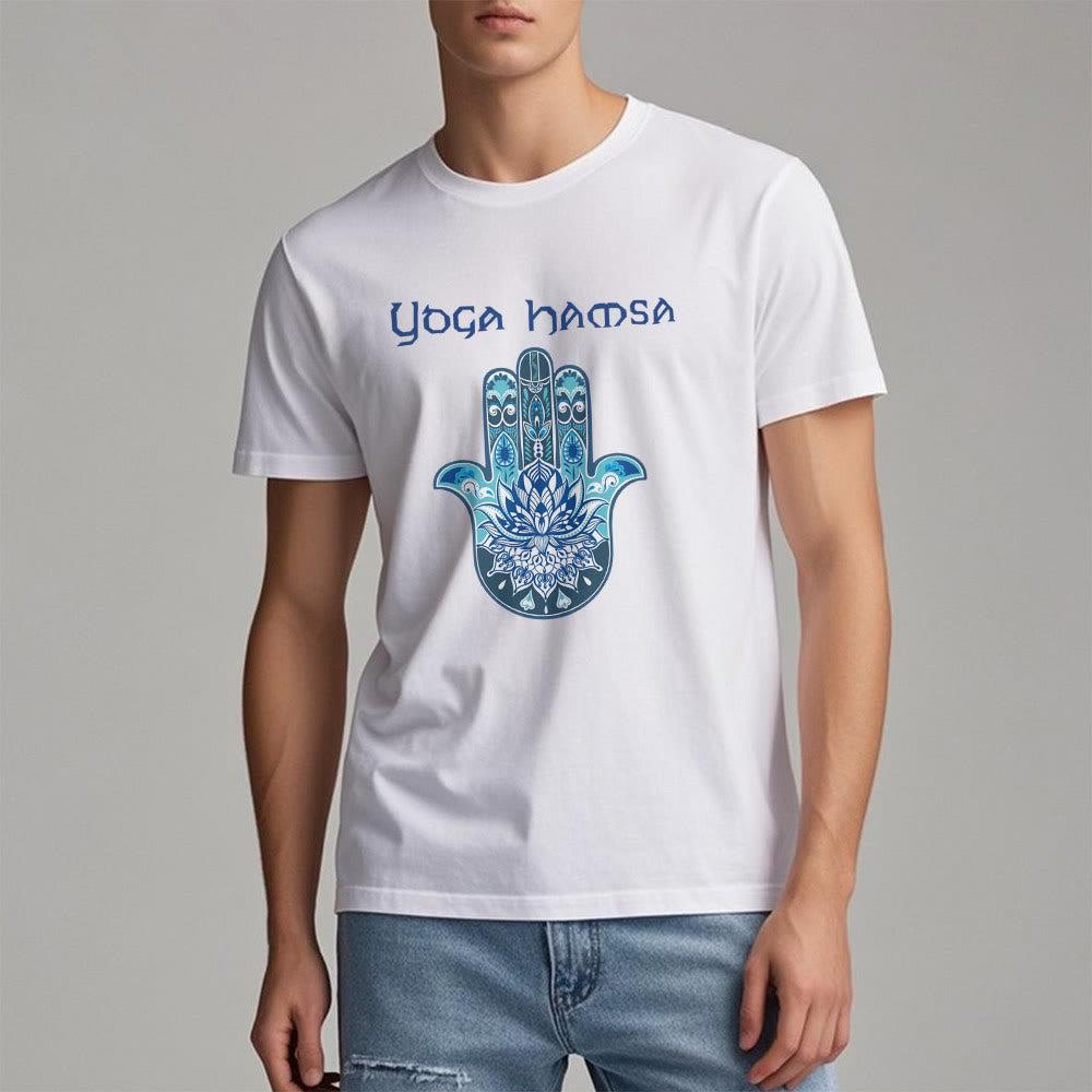 Olivenorma – Bequemes T-Shirt mit Yoga-Hamsa-Print, Blau