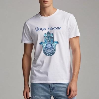 Olivenorma – Bequemes T-Shirt mit Yoga-Hamsa-Print, Blau