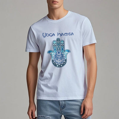 Olivenorma – Bequemes T-Shirt mit Yoga-Hamsa-Print, Blau