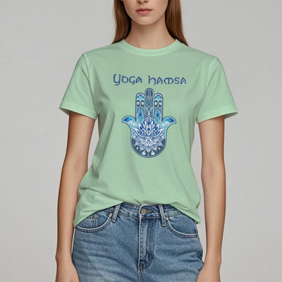 Olivenorma – Bequemes T-Shirt mit Yoga-Hamsa-Print, Blau