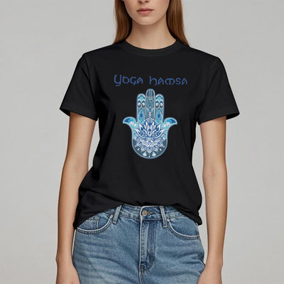 Olivenorma – Bequemes T-Shirt mit Yoga-Hamsa-Print, Blau