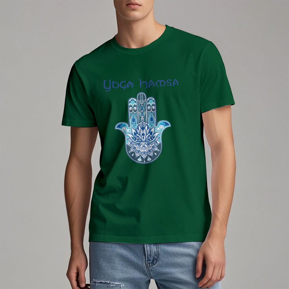 Olivenorma – Bequemes T-Shirt mit Yoga-Hamsa-Print, Blau