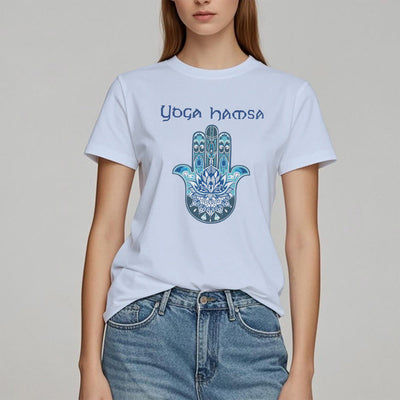Olivenorma – Bequemes T-Shirt mit Yoga-Hamsa-Print, Blau