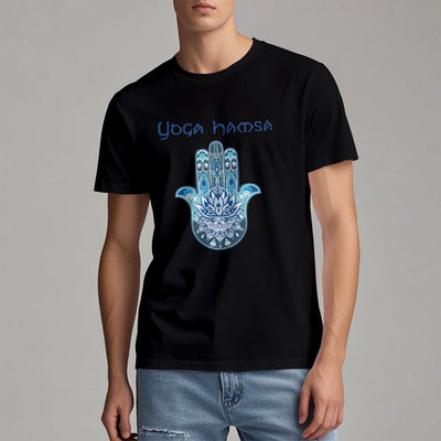 Olivenorma – Bequemes T-Shirt mit Yoga-Hamsa-Print, Blau