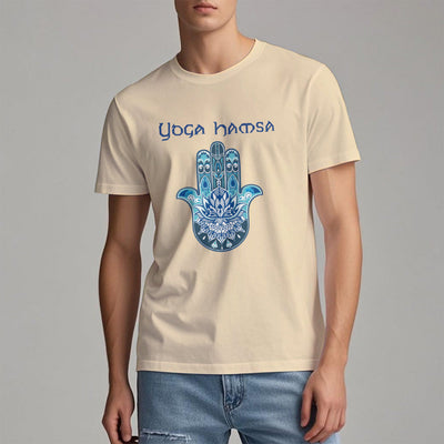 Olivenorma – Bequemes T-Shirt mit Yoga-Hamsa-Print, Blau