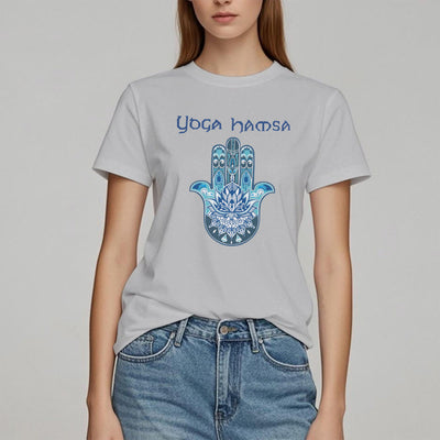 Olivenorma – Bequemes T-Shirt mit Yoga-Hamsa-Print, Blau