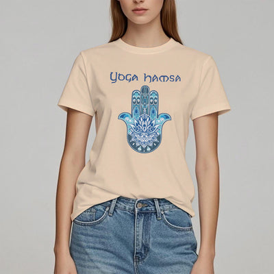 Olivenorma – Bequemes T-Shirt mit Yoga-Hamsa-Print, Blau