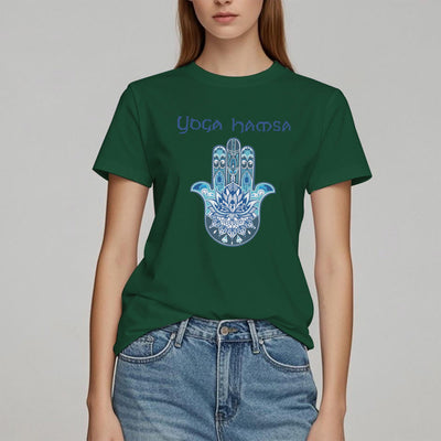 Olivenorma – Bequemes T-Shirt mit Yoga-Hamsa-Print, Blau