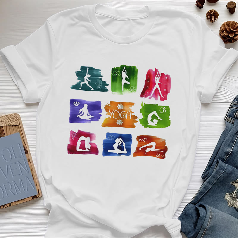 Olivenorma Yoga Posen Bunter Druck T-Shirt