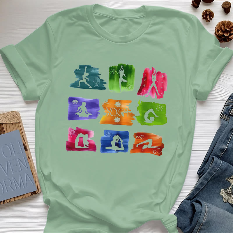 Olivenorma Yoga Posen Bunter Druck T-Shirt