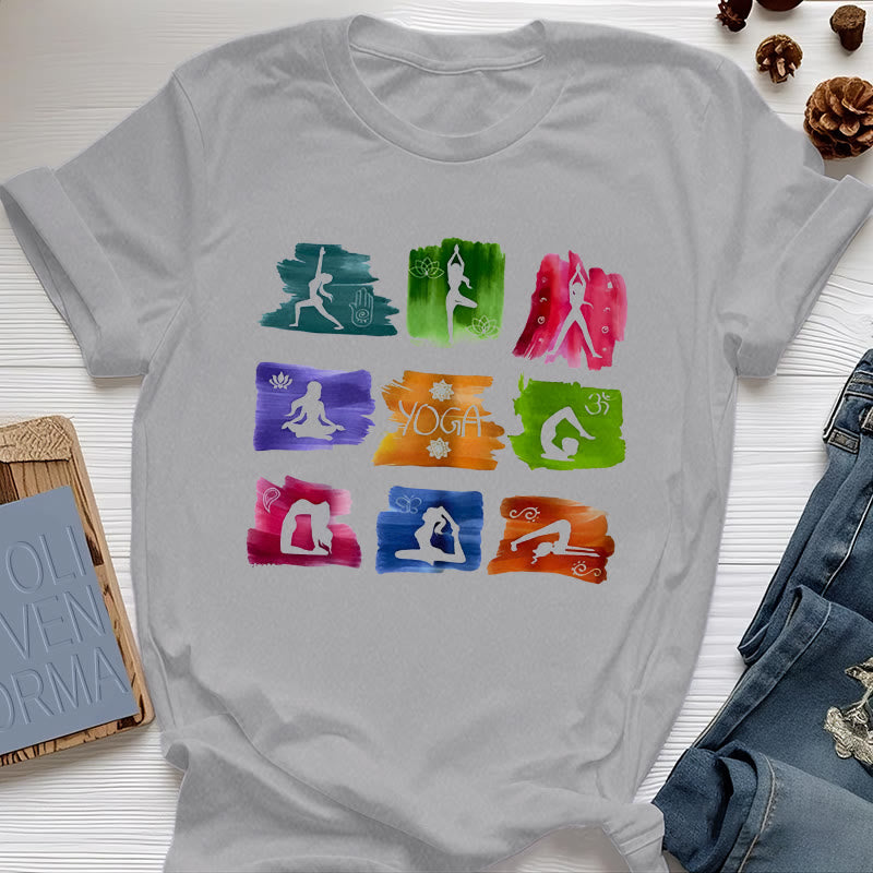 Olivenorma Yoga Posen Bunter Druck T-Shirt
