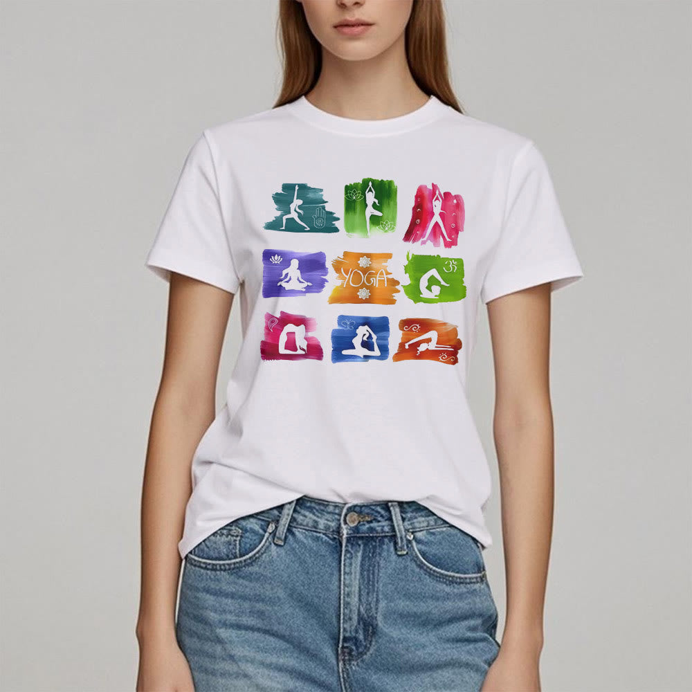 Olivenorma Yoga Posen Bunter Druck T-Shirt