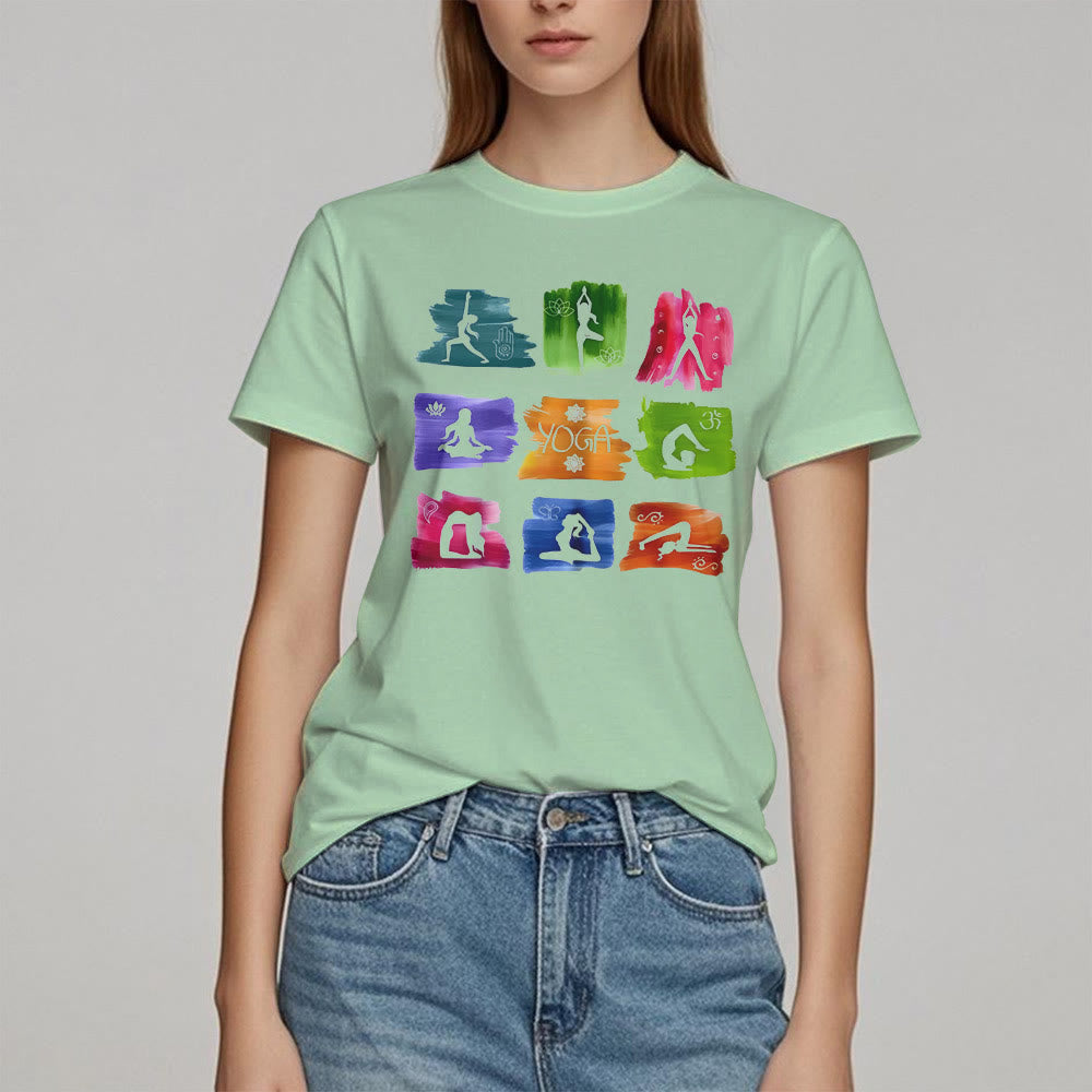 Olivenorma Yoga Posen Bunter Druck T-Shirt