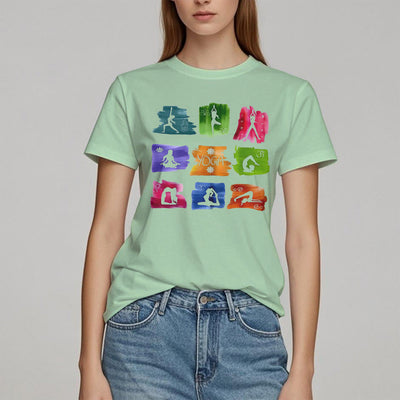 Olivenorma Yoga Posen Bunter Druck T-Shirt