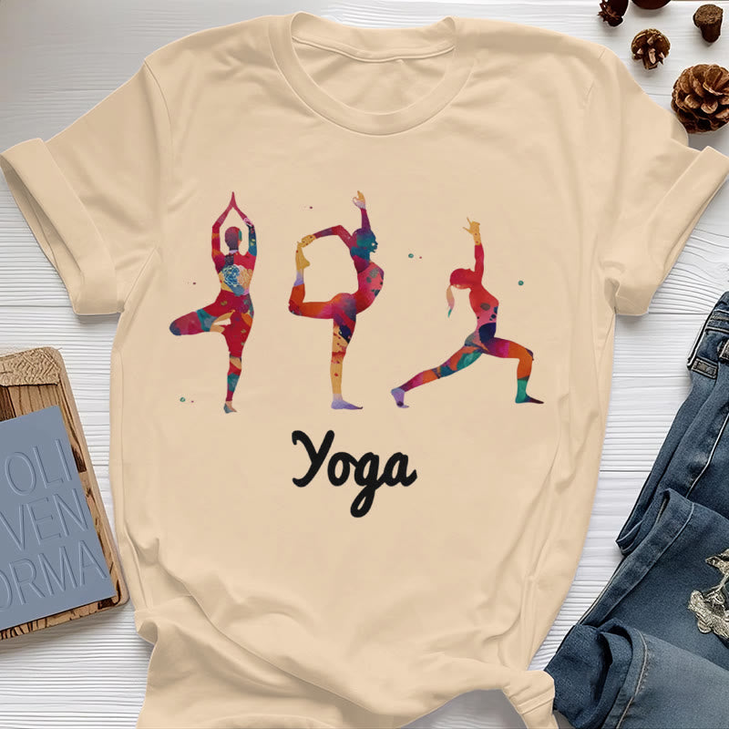 Olivenorma Yoga Posen Bunter Druck Damen T-Shirt
