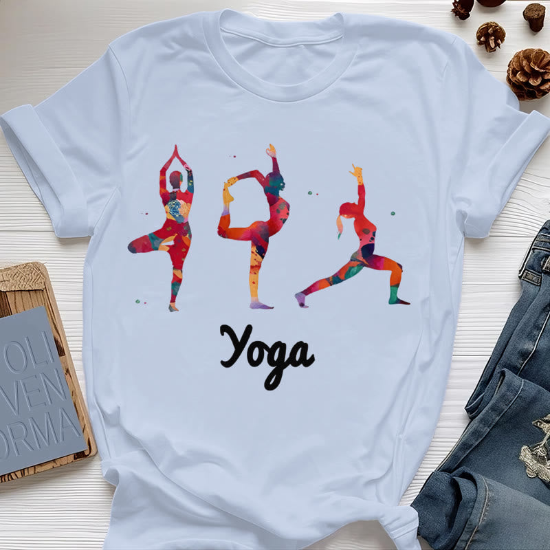 Olivenorma Yoga Posen Bunter Druck Damen T-Shirt