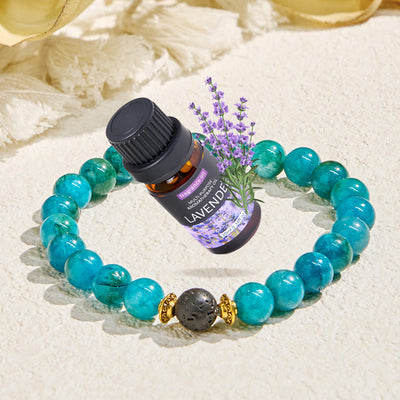 Olivenorma „Balmaara Essence“ Ätherisches Ölarmband aus blauem Apatit für das Halschakra - Armband + ätherisches Lavendelöl - image 1
