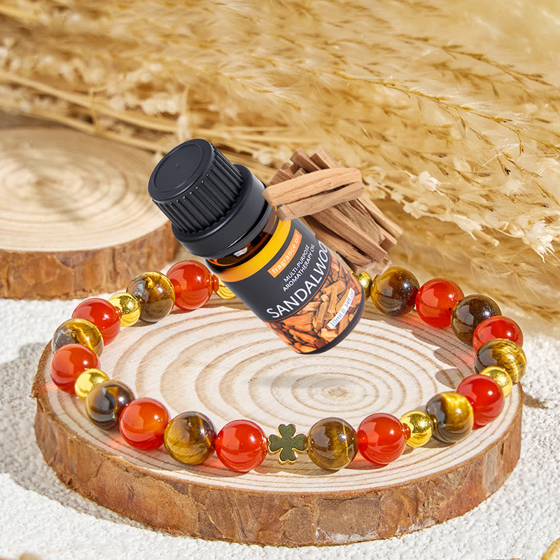 Olivenorma „Glücksklee“ Tigerauge & roter Achat Glücksarmband mit ätherischen Ölen - Armband + ätherisches Sandelholzöl - image 1