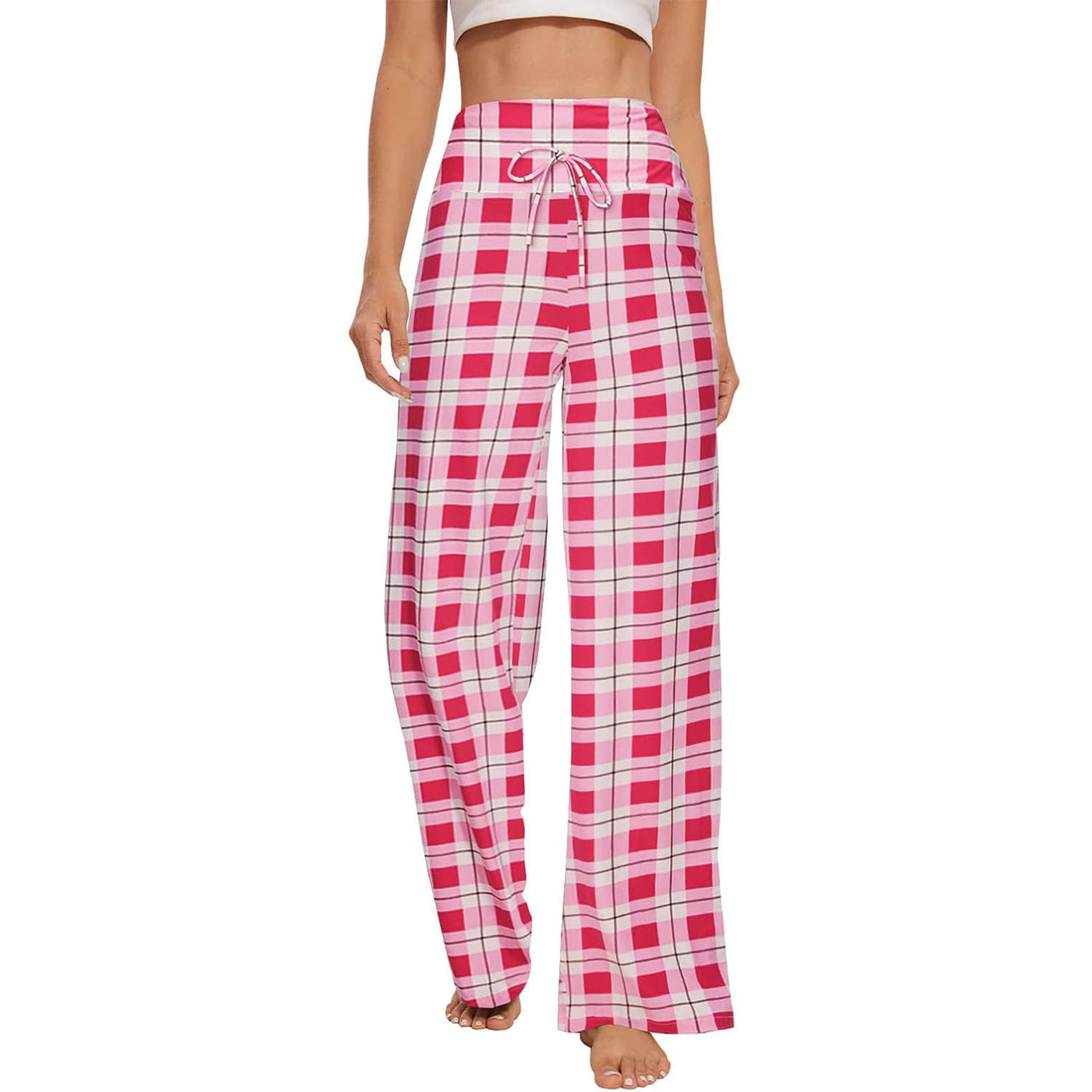 Olivenorma Damen-Pyjamahose, weiche, bequeme Loungehose - Rosa und weißes Karomuster - XXL - image 16