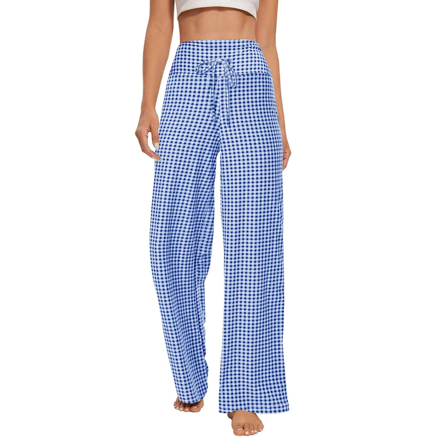 Olivenorma Damen-Pyjamahose, weiche, bequeme Loungehose - Blau karierte Polyesterfaser Lose - XXL - image 18
