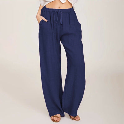 Olivenorma Damenhose aus Baumwollleinen mit weitem Bein