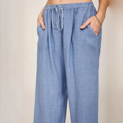 Olivenorma Damenhose aus Baumwollleinen mit weitem Bein