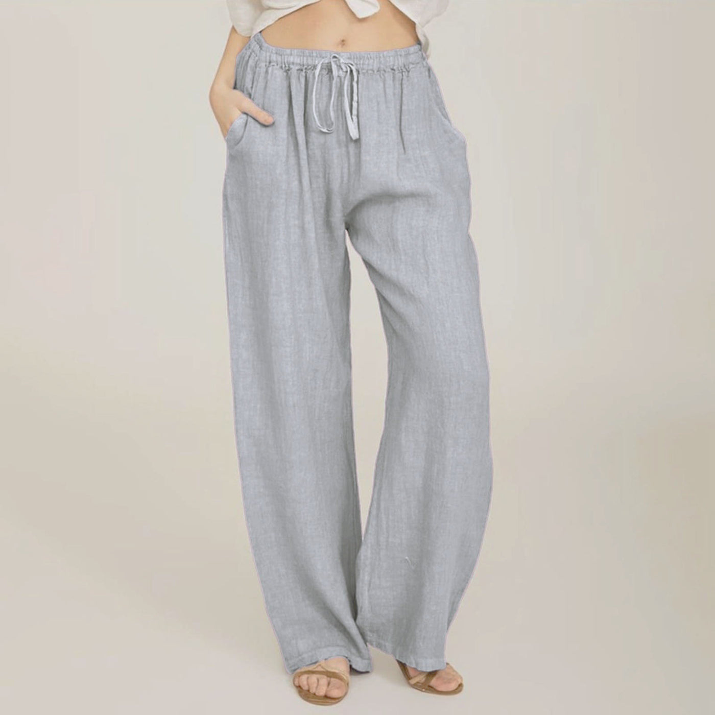 Olivenorma Damenhose aus Baumwollleinen mit weitem Bein