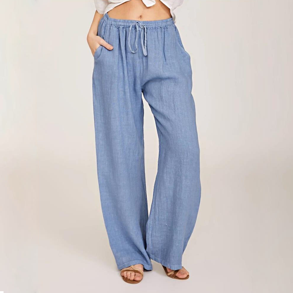 Olivenorma Damenhose aus Baumwollleinen mit weitem Bein
