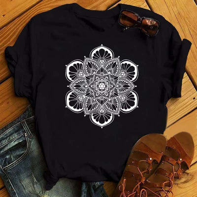 Olivenorma – Schwarzes T-Shirt mit buntem geometrischem Lotus-Print