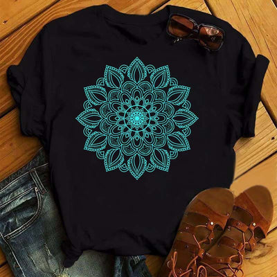Olivenorma – Schwarzes T-Shirt mit buntem geometrischem Lotus-Print