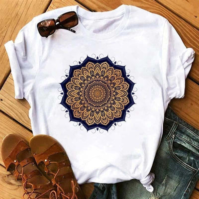 Olivenorma – Weißes T-Shirt aus Baumwolle mit buntem geometrischem Print