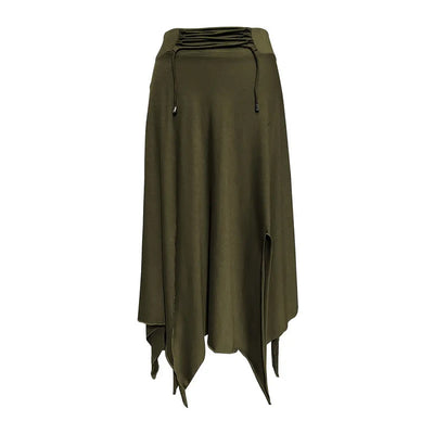 Olivenorma – Einfarbiges Midikleid mit Schlitz im Boho-Stil und Kordelzug - image 23