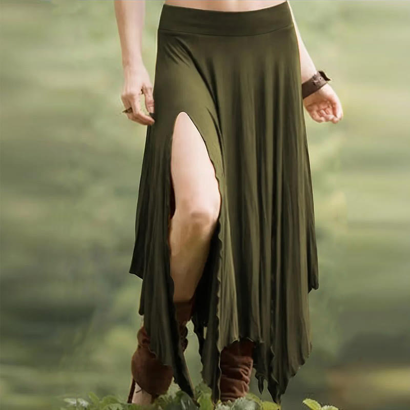 Olivenorma – Einfarbiges Midikleid mit Schlitz im Boho-Stil und Kordelzug - Grün - XXL - image 19