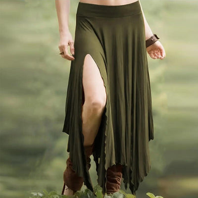 Olivenorma – Einfarbiges Midikleid mit Schlitz im Boho-Stil und Kordelzug - Grün - XXL - image 19