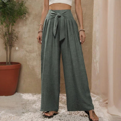 Olivenorma Einfarbige, hohe Taille, verstellbarer Knoten, lockere Damenhose mit weitem Bein - Grün - XXL - image 6