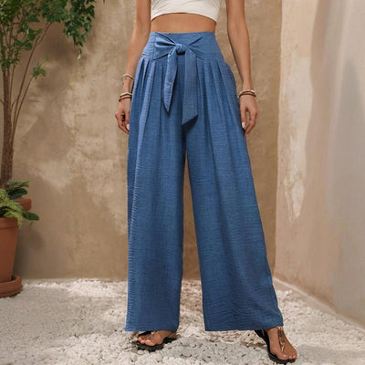 Olivenorma Einfarbige, hohe Taille, verstellbarer Knoten, lockere Damenhose mit weitem Bein - Blau - XXL - image 1