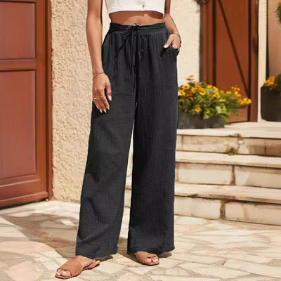 Olivenorma Einfarbige, elastische Damen-Baggy-Hose aus Leinen mit mittlerer Taille und Taschen - Schwarz - L - image 1